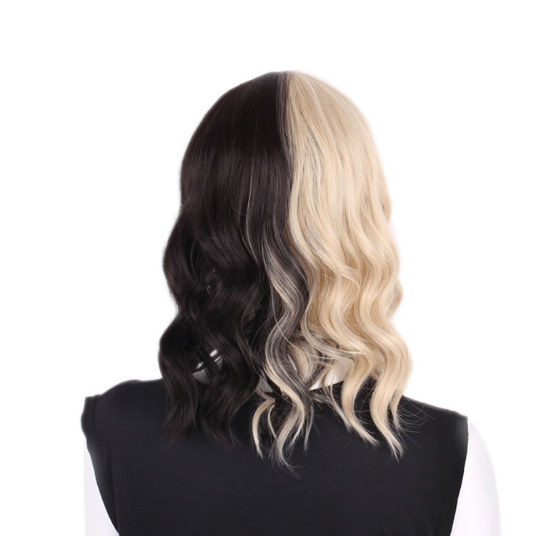 Half Blonde And Half Black Medium Short Wig For Cosplay Synthetic